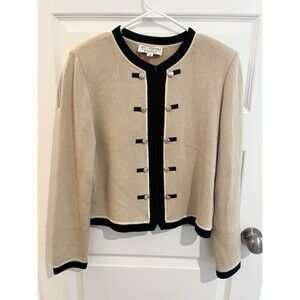 ST. JOHN COLLECTION Marie Gray Tan Black Jacket Cardigan Sweater 10 Knit Vtg